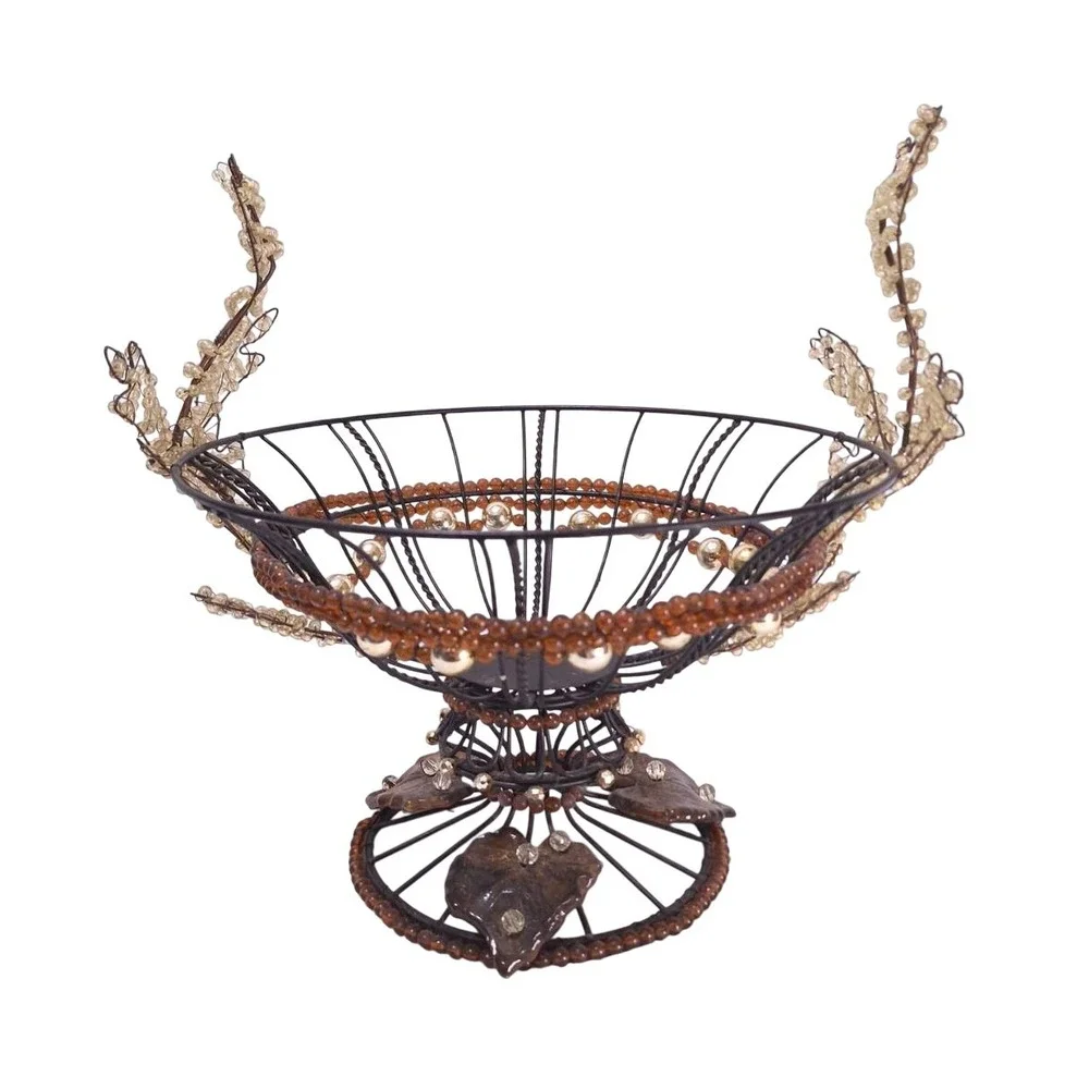 Vtg Metal Wire Beaded Basket w/ Ceramic Leaves‎ Rustic Deco Centerpiece 12.5